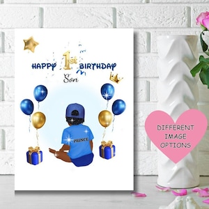 Biglietto per il primo compleanno di Black Son, biglietto di compleanno per ragazzo di colore, biglietti per bambini di colore, buon primo compleanno figlio, CARTE PERSONALIZZATE