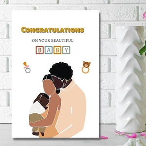 Zwart paar pasgeboren baby felicitatiekaart, etnische babykaart, gefeliciteerd, nieuwe mama en papa kaart, etnische baby