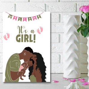 Carte de naissance couple noir, carte de bébé fille noire, bienvenue c'est une fille, carte de famille noire, baby shower de bébé fille, amour noir