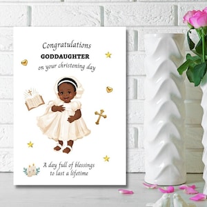 Carte de baptême noire pour petite fille, cartes de voeux ethniques, cartes personnalisées, félicitations ma filleule le jour de votre baptême