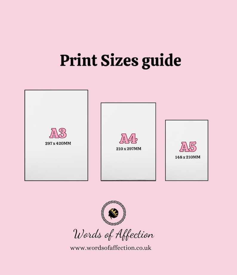 Puede incluir: Gr&aacute;fico rosa con el texto "Print Sizes guide" y ejemplos de tama&ntilde;os de impresi&oacute;n: A3 (297 x 420 mm), A4 (210 x 297 mm) y A5 (148 x 210 mm). Tambi&eacute;n incluye el logotipo y el sitio web de Words of Affection.
