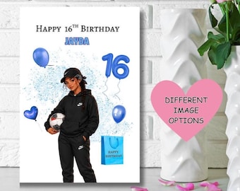 Geburtstagskarte zum 16. Geburtstag für ein Mädchen mit gemischter Herkunft, personalisierte Karte, Alles Gute zum 16. Geburtstag, Karte für ein Fußballmädchen, Karten für Afroamerikanerinnen