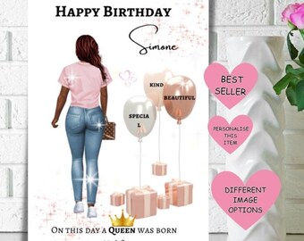 Biglietto di compleanno per donna nera, biglietto personalizzato per ragazza afroamericana, biglietto di compleanno per ragazza con melanina, biglietto di compleanno che rappresenta la sua rappresentazione.