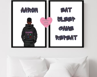 Benutzerdefinierter Gamer Print 2er-Set, Eat Sleep Game-Wiederholungswandkunst, personalisiertes schwarzes jugendlich Jungenplakat, Graffiti-Namensschlafzimmerdekor