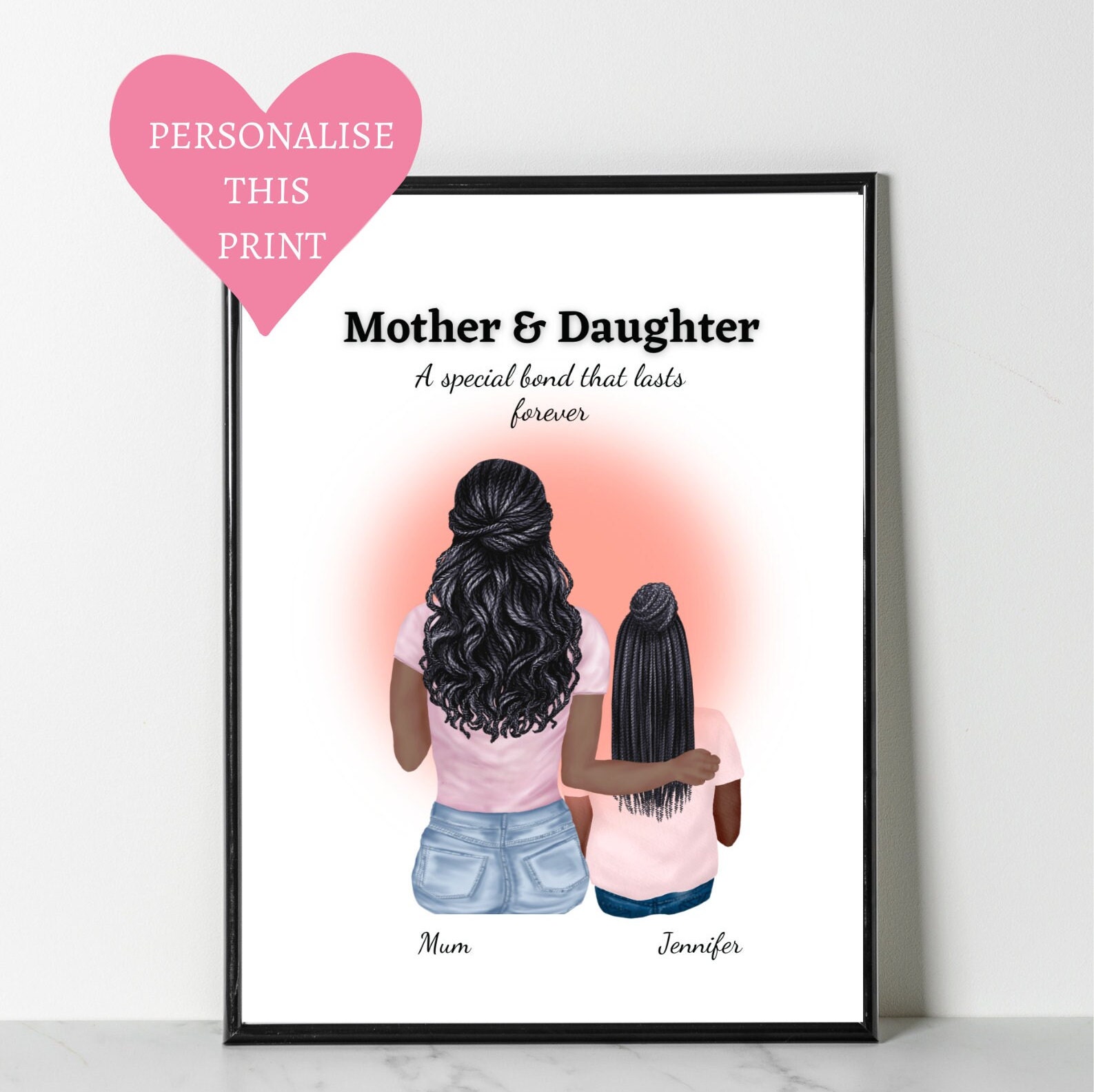 Black Mother and Daughter Wall Art, Personalised Gift for Mum, Mother's