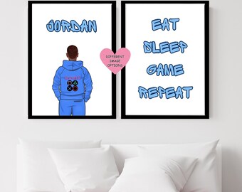 Benutzerdefinierter Gamer Print 2er-Set, Eat Sleep Game-Wiederholungswandkunst, personalisiertes schwarzes jugendlich Jungenplakat, Graffiti-Namensschlafzimmerdekor