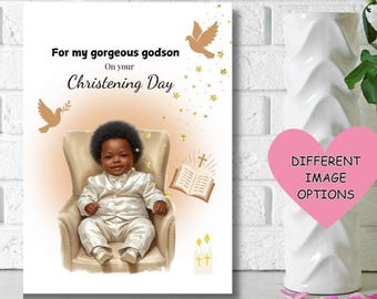 Tarjeta de bautizo para bebé niño negro, tarjeta de bautizo étnica, para mi hermoso ahijado en el día de su bautizo, TARJETAS PERSONALIZADAS