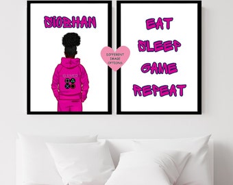 Benutzerdefinierte Gamer Print 2er-Set, Eat Sleep Game-Wiederholungs-Wandkunst, personalisiertes schwarzes jugendlich Mädchen-Plakat, Graffiti-Namensschlafzimmerdekor