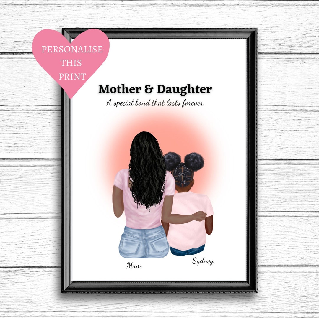 Black Mother and Daughter Wall Art, Personalised Gift for Mum, Mother's