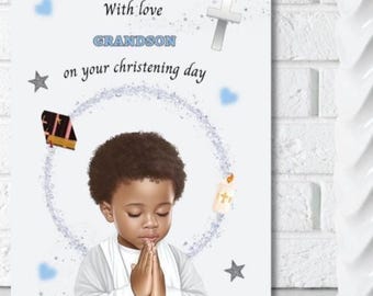 Tarjeta de bautizo para nieto negro, tarjeta de bautizo para niño negro, tarjetas personalizadas, con amor para tu nieto en el día de tu bautizo
