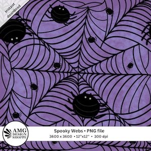 Spooky Webs Seamless Pattern PNG – Cute Halloween Spider Web Digital Paper, Purple Background, 300 DPI, Instant Download