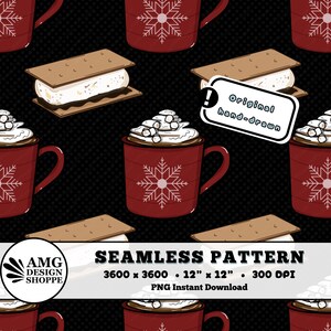 May include: Seamless pattern featuring mugs of hot chocolate with marshmallows, s'mores, and snowflake designs on a black background. The design includes the text "Original hand-drawn" and "Seamless Pattern". The pattern is 12" x 12" and 300 DPI.