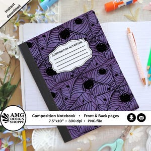 May include: A composition notebook with a purple spiderweb design and black spiders. The notebook has a white label that says "COMPOSITION NOTEBOOK". The notebook measures 7.5" x 10".