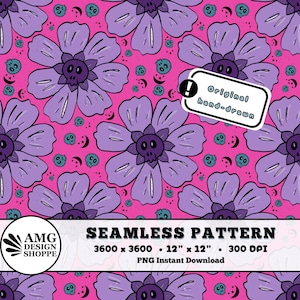 May include: Seamless pattern featuring large purple flowers with skull centers on a pink background. Small teal skulls and crescent moons are scattered throughout. The design includes the text "Original hand-drawn" and "Seamless Pattern".