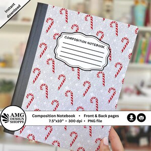 May include: A composition notebook with a gray cover and a pattern of red and white candy canes on a light gray background. The notebook has a white label that says "COMPOSITION NOTEBOOK". The notebook is 7.5" x 10".