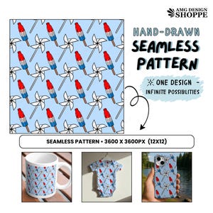 Patriotic Ice Pop & Pinwheels Seamless Pattern, Fourth of July Digital Paper, Cute Americana Popsicle Digital Hand-Drawn 12”x12” PNG