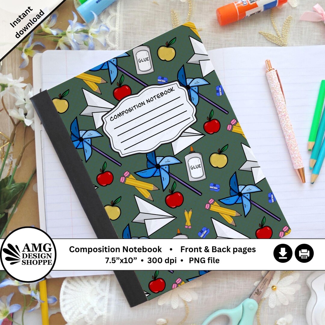 School Composition Notebook, Blue Pinwheel, Pencil, Apple, Glue, Art ...
