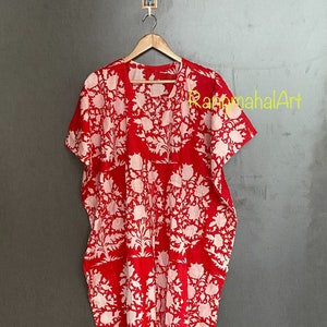 Indian Handmade Floral Cotton Kaftan, Women Dress Long Caftan, Beach Cover up, Hand Block Print Sleepwear Maxi Dress Kimono Plus Size Dress