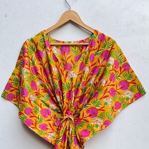 Yellow Stylish Floral Pattern Pure Cotton Kaftan, Block Print Kaftan, Women&#39;s Kaftan, Summer Wear, Beach Coverup Comfy Maternity Maxi Dress