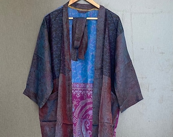 Indian Floral Print Long Silk Kimono, Dressing Gown, Nightwear Robe, Vintage Silk Kimono, Beachwear Cover Up, Gift For Women