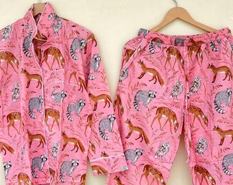 Indian 100% pure cotton pyjamas, Women's cotton pj's, Soft cotton pajama Set trousers shirts, Unique printed pyjama set, Animal Print pj set