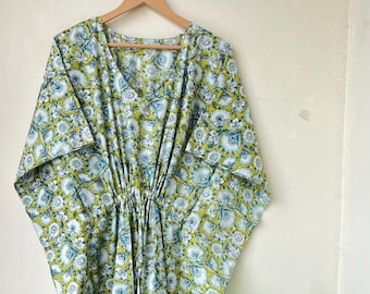 Indischer Blumenbaumwollkaftan, Frauen kleiden lange Kaftan, Kleid Strand vertuschen, Hippie Hand Block Print Nachtwäsche Maxi Kleid Kaftan