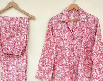 Hand Block Print Pajamas, Floral Pure Cotton Pj's, Pajamas Set ,Indian Cotton,Night Wear, Soft Cotton Night Suit,Gift for her,Bridesmaid Pj