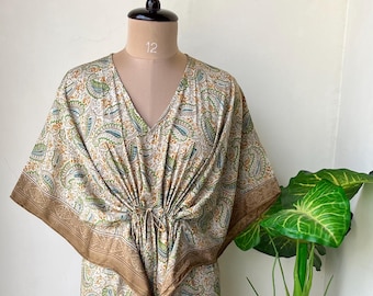 Beautiful Indian Crepe Silk Kaftan Maxi Dress Soft Silk Lounge Wear Summer Resort Wear Kaftan Handmade Kaftan Bikini Cover Up dress