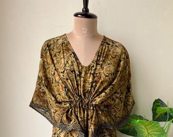 Indian Poly Silk Kaftan, Silk Sari Kaftan, Recycled Silk Kaftan, Loungewear Vacation Dress, Boho Beach Cover Up Kaftan, Long Silk Kaftan