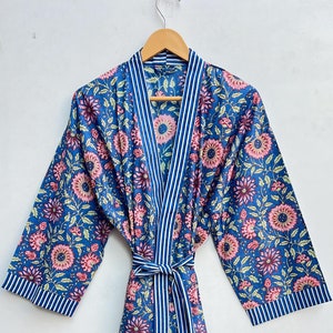 Floral Print Cotton Kimono Robe, Beach Cover Up, Handmade Indian Kimono