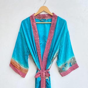 Bohemian New Silk Sari Kimono Women Regal House Beach Robe Elegant Pink Blue Floral Print Silk kimono Robe Vintage Unisex Silk robe