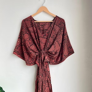 Boho Lounge wear Silk Sari Kaftan, Beach Cover Silk Dress, Soft & Comfortable Women&#39;s Kaftan, Silk Morning Tea Kaftan Dress