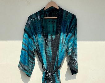 Beautiful Silk Robe, Tie Dye Silk Kimono Robe, Indian Silk Sari Robe, Women's Silk Robe, Resort Wear Robe, Gift For Her, Boho Long Kimono