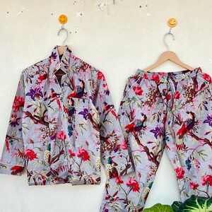 Bird Print Pajama Sets, Indian Cotton Pyjamas Set, Nightwear Pajama Set, Sleepwear Dress, Bohemian Clothing, Gifts For Her, Women Dress, PJ