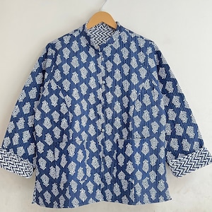 Indian Handmade Reversible Pure Cotton Quilted Indigo Print Jacket Winter Women&#39;s wear Coat Short Jacket ,Gift For Her
