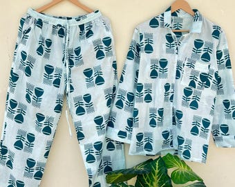 100% Cotton Block Print Pajama Set, Night Wear Dress, Bridesmaid Pajama Set, Women's pajamas Set, Cotton Pants Shirt Sets, Summer Dress
