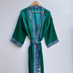 Indian Crape Silk Sari Kimono, Long Dressing Gown, Vintage Silk Kimono, Women Dress, Silk Kimono Bathrobe, Bohemian Silk Dress, Gift For Her
