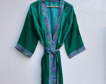 Indian Crape Silk Sari Kimono, Long Dressing Gown, Vintage Silk Kimono, Women Dress, Silk Kimono Bathrobe, Bohemian Silk Dress, Gift For Her