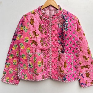 Indian Handmade Patchwork Cotton Quilted Jacket, Vintage Peach New Style Cotton Quilted Jacket, Reversible Women's Boho Coat, Gift for Her