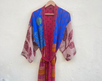 Lightweight Silk Fabric Kimono Robe Beautiful Design & Print Bridesmaid Gifts Robe Beach Cover Up Silk Kimono India Crepe Silk Fabric Kimono