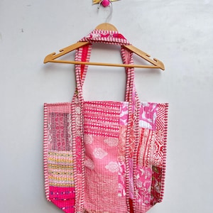 Pure Cotton Pink Patches Quilted Tote Bag, Block Print Quilted Fabric Tote Bag, Handmade Cute Shoulder Tote Bag, Woman Tote bag gift&#39;s