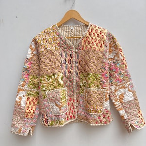 Indian Beige Patchwork Fluffy Quilted Jacket Cotton Jacket Women Clothing Jacket All Season Ideal Gift for Fashion Christmas Anniversary US