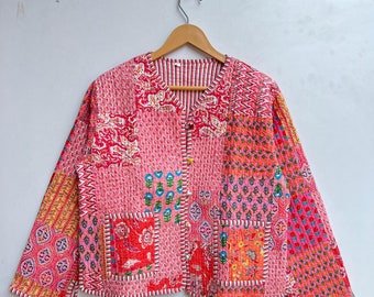 Indian Handmade Patchwork Cotton Quilted Jacket, Vintage Peach New Style Cotton Quilted Jacket, Reversible Women's Boho Coat, Gift for Her