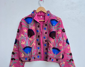 ピンクのハンドメイドSuzani刺繍ジャケット、冬用ジャケットコート