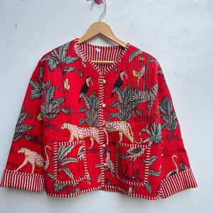 Jungle Print Cotton Quilted Jacket, Reversible Kantha Coat, Stripe Piping Cotton Coat, Bohemian Vintage Jacket, Wedding Gifts