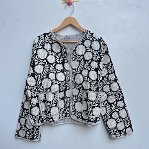 Organic Quilted Indian Cotton Jacket Reversible Block Print Jacket Black Warm Jacket Quilted Jacket Boho New Style Jacket Gift For Her