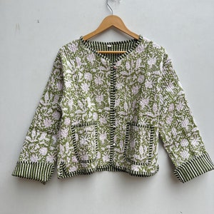 Cotton Women&#39;s Quilted Jacket Block Printed Boho Style Quilted Handmade Jackets, Coat Holidays Gifts Button Closer Jacket for Women Gifts