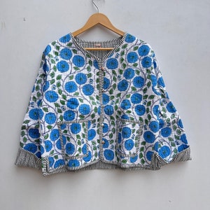 Floral Block Print Cotton Jacket, Indian Handmade Short Coat, Reversible Quilt Coat, Winter Wear Ladies Coat, Gifts