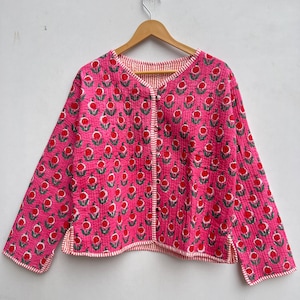 Cotton Women&#39;s Quilted Jacket Block Printed Boho Style Quilted Handmade Jackets, Coat Holidays Gifts Button Closer Jacket for Women Gifts