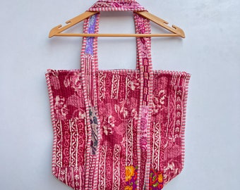 Cotton Quilted Tote Bag, Floral Patchwork Shoulder Bag, Indian Shopper Bag